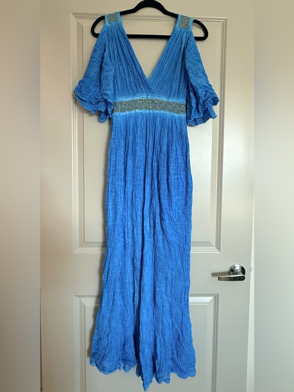 Greek Style V-Neck Embellished Maxi Dress with cold shoulder cutouts